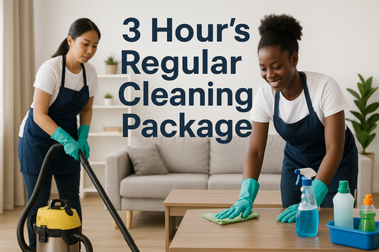 cleaners cleaning a living room with a text 3 Hour's Regular Cleaning Package and one cleanr shuld be philipino women and the othere from africa women with white t shirt
