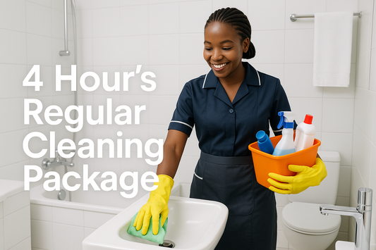make a pic of a africa women cleaning a bathroom with a text 4 Hour's Regular Cleaning Package